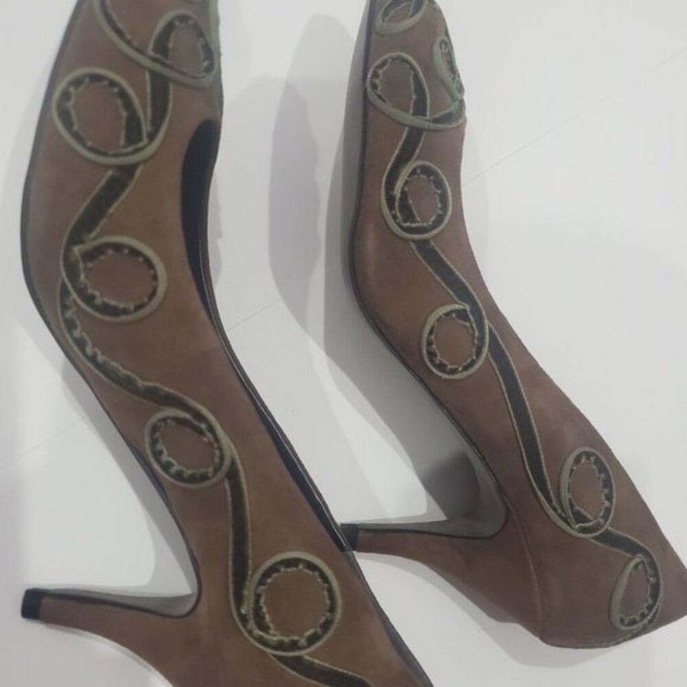 Sacha London Brown Suede Pumps with Olive Trim